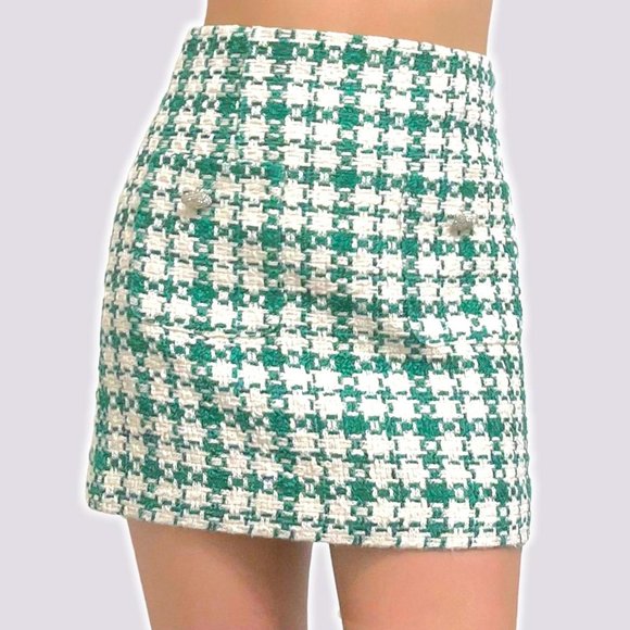 NEW Zara Tweed Green Cream Bejeweled Houndstooth Mini Skirt- Size S - Picture 2 of 14